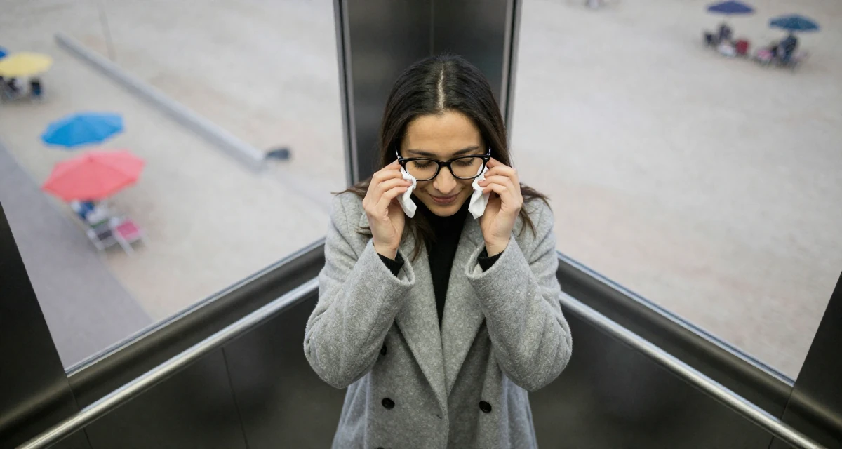 A smiling gently Female Previously a chemistry student, now shooting artistic self-portrait content in their 25, preparing for larger adult responsibilities, wearing a elegant woolen coat styling, cleaning glasses with a cloth in a elevator hall.