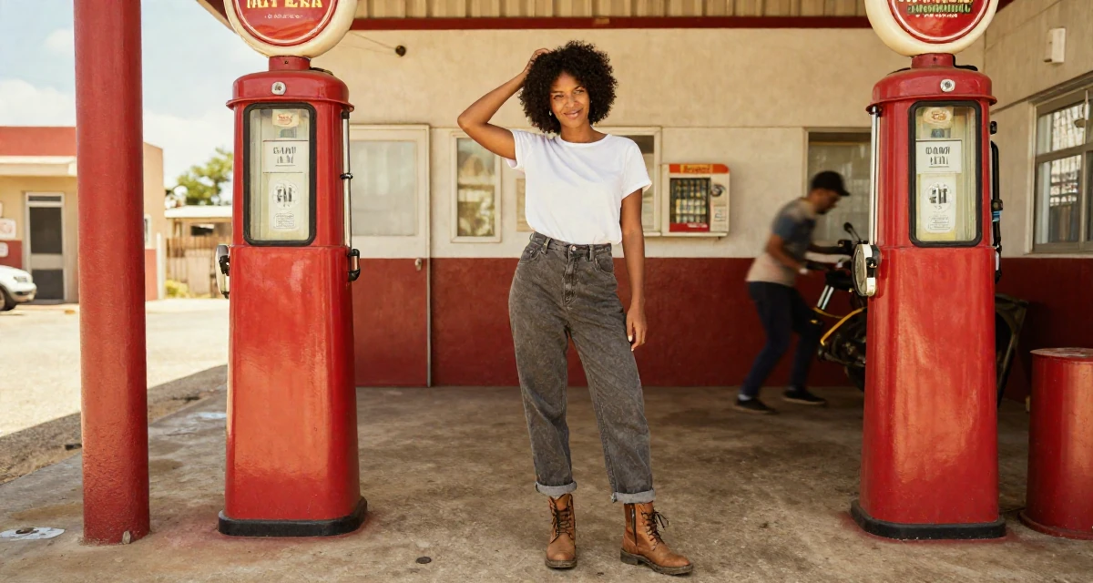 A satisfied Female From Mozambique, studied environmental science in their 30, exploring minimalism and intentional living, wearing a edgy street style with boots, scratching the head in confusion in a mechanic garage.
