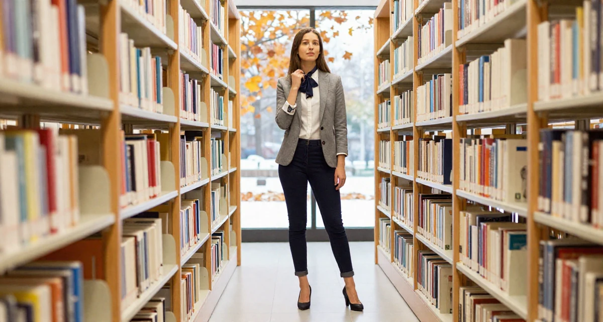 A quiet Female Former bakery assistant, now crafting sweet, soft-aesthetic creator vibes in their 25, planning next steps in personal development, wearing a refined casual Friday look, gripping a lapel in a library aisle.