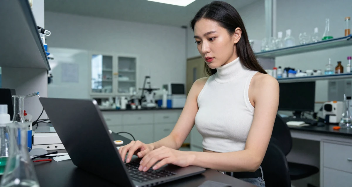 A elegant Female From Macau, studied hospitality management in their 33, struggling with work-life balance, wearing a high-neck sleeveless crop top showing toned arms, typing on a laptop in a science lab.