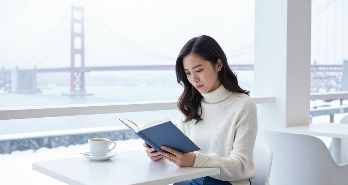 A bashful Female From the Philippines, majored in mass media in their 28, learning to separate self-worth from subscriber numbers, wearing a minimalist everyday clothing, reading a book intently in a coffee shop corner.