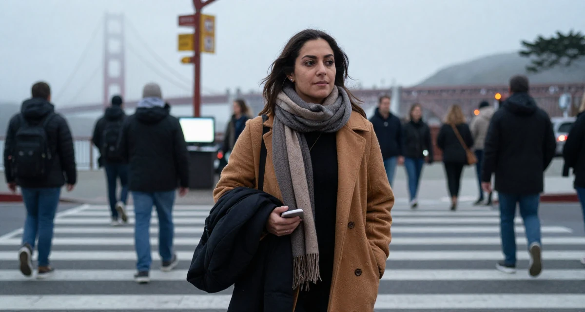 A calm and confident Female Raised in the UAE, studied consumer behavior analytics in their 49, celebrating a life of resilience and grit, wearing a layered autumn coat and scarf, putting on a jacket in a busy crosswalk.