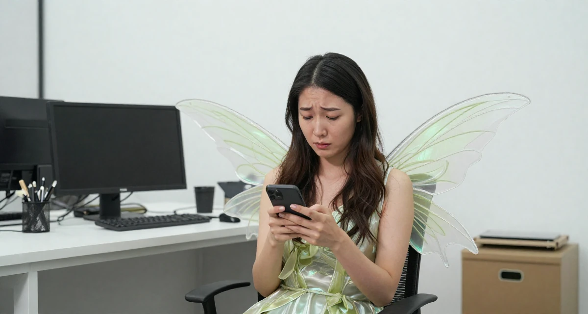A sorrowful Female Once a barista, now a full-time creator leaning into aesthetic storytelling in their 22, facing judgment from people who don’t understand creator life, wearing a fairy costume with translucent iridescent wings, checking a phone in a office workspace.