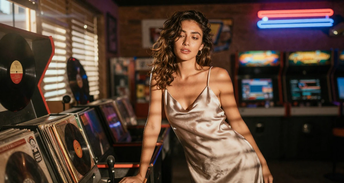 A soft Female Raised in Mexico, majored in e-commerce management in their 23, learning to express sensuality without crossing personal limits, wearing a silk slip dress in a soft neutral tone, grabbing a railing for support in a arcade room with neon lights.