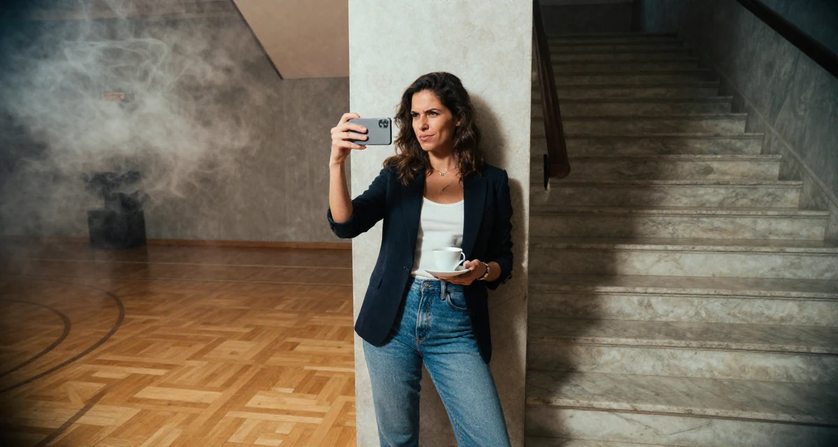 A teasing Female From Italy, majored in law in their 36, expert in coffee culture and brewing, wearing a business casual outfit with jeans and a blazer, taking a photo in a basketball court.