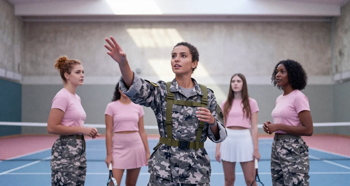 A nostalgic Female Born in Cyprus, studied tourism development in their 20, feeling invincible on a night out with friends, wearing a commando outfit with camouflage paint and tactical harness, gesturing while talking in a tennis court.