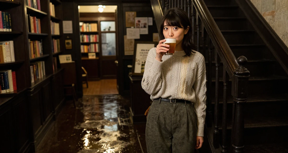 A hopeful Female From Japan, studied English literature in their 21, feeling the pressure of impending graduation, wearing a vintage sweater and high-waist pants, sipping a warm drink in a vintage bookstore.