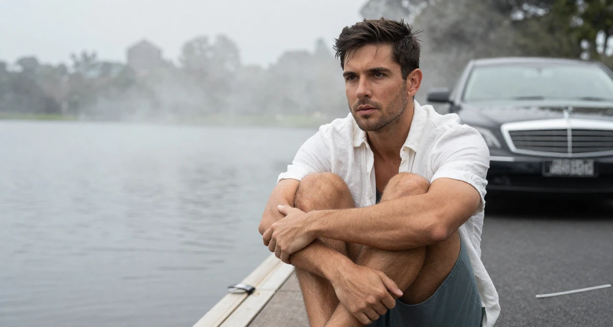 A alert and attentive male From Melbourne Australia, studied creative directing for social content in their 30, freelancing after a layoff, wearing a breezy summer vacation outfit, crossing legs in a serene lakeside dock.