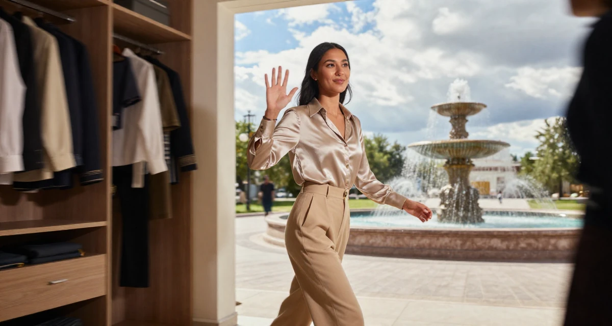 A witty Female From Mongolia, majored in history and culture in their 28, saving aggressively for first home, wearing a high-waisted beige trousers and a tucked-in satin blouse, waving to someone in a walk-in closet.