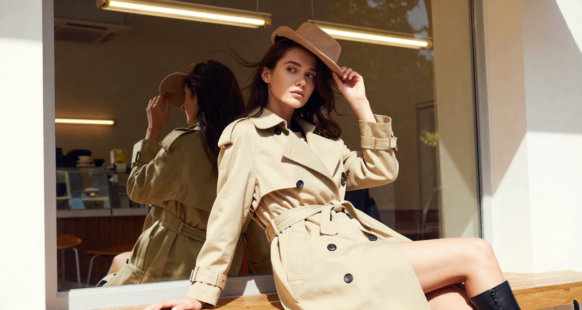 A dazed Female Former figure-skating student, now producing graceful aesthetic content in their 26, cutting off toxic relationships and habits, wearing a long trench coat belted tightly at the waist, holding a hat against the wind in a vanity mirror.