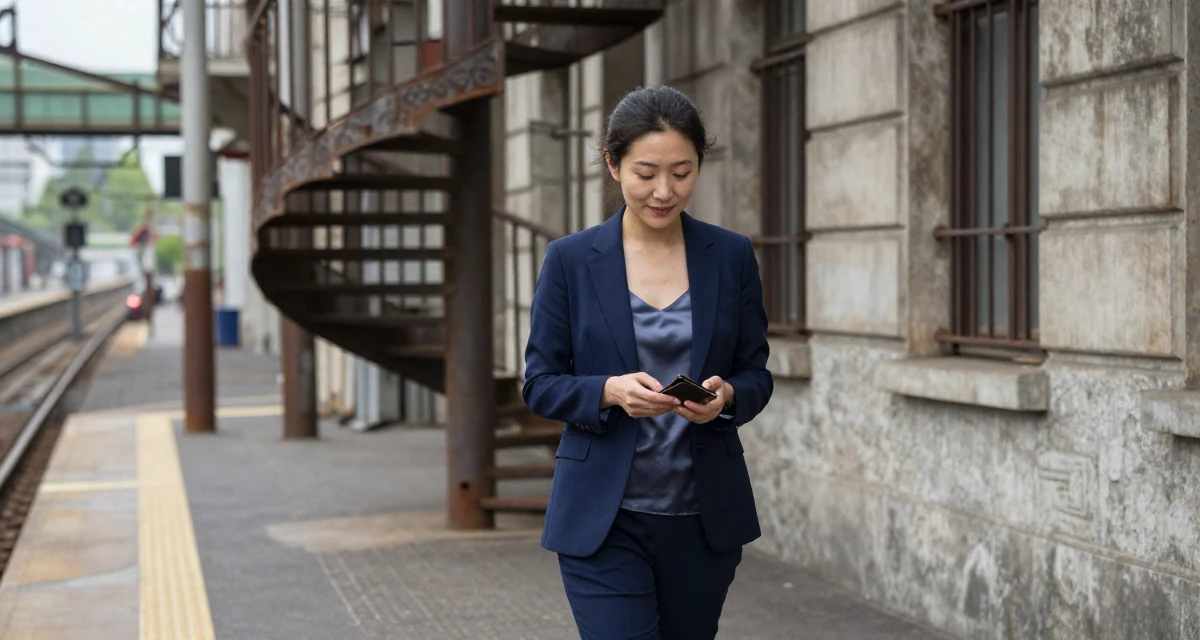 A quietly happy Female From Hangzhou China, majored in visual arts in their 38, focused on longevity and holistic wellness, wearing a crisp navy blue blazer over a silk camisole and trousers, checking a wallet in a train platform.