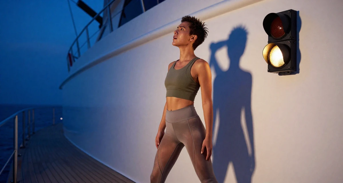 A wild male From Bali Indonesia, practiced mindful movement and self-portrait art in their 23, saving aggressively for a dream travel trip, wearing a sheer paneled leggings and a sports crop top, waiting for a light to change in a yacht deck.