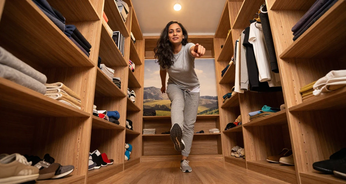 A bewitching Female From India, based in Bangalore, graduated from a technical institute majoring in information systems in their 35, creating plant-based recipes for families, wearing a comfortable travel outfit, pausing mid-step in a walk-in wardrobe.