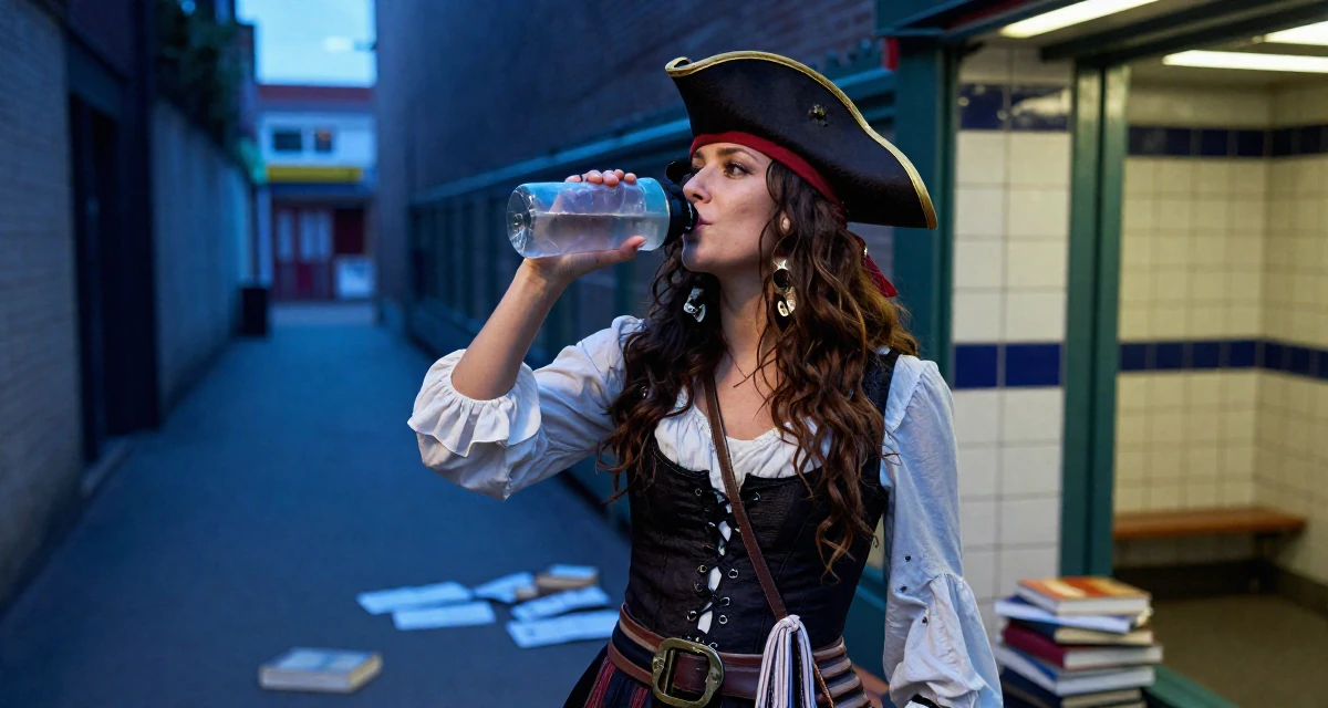 A pensive Female Former sales rep, now leveraging charisma for digital storytelling in their 23, enjoying the first taste of disposable income, wearing a pirate captain outfit with a corset and tricorn hat, drinking from a water bottle in a quiet alleyway.