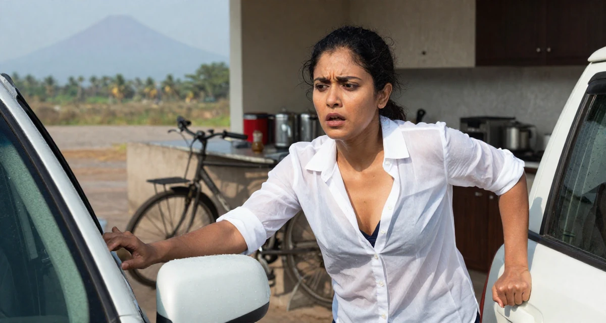 A stunned Female Raised in Bangladesh, studied consumer insights in their 29, refusing to settle for mediocrity, wearing a translucent white blouse and a dark bra underneath, pulling a door open in a sunlit kitchen island.