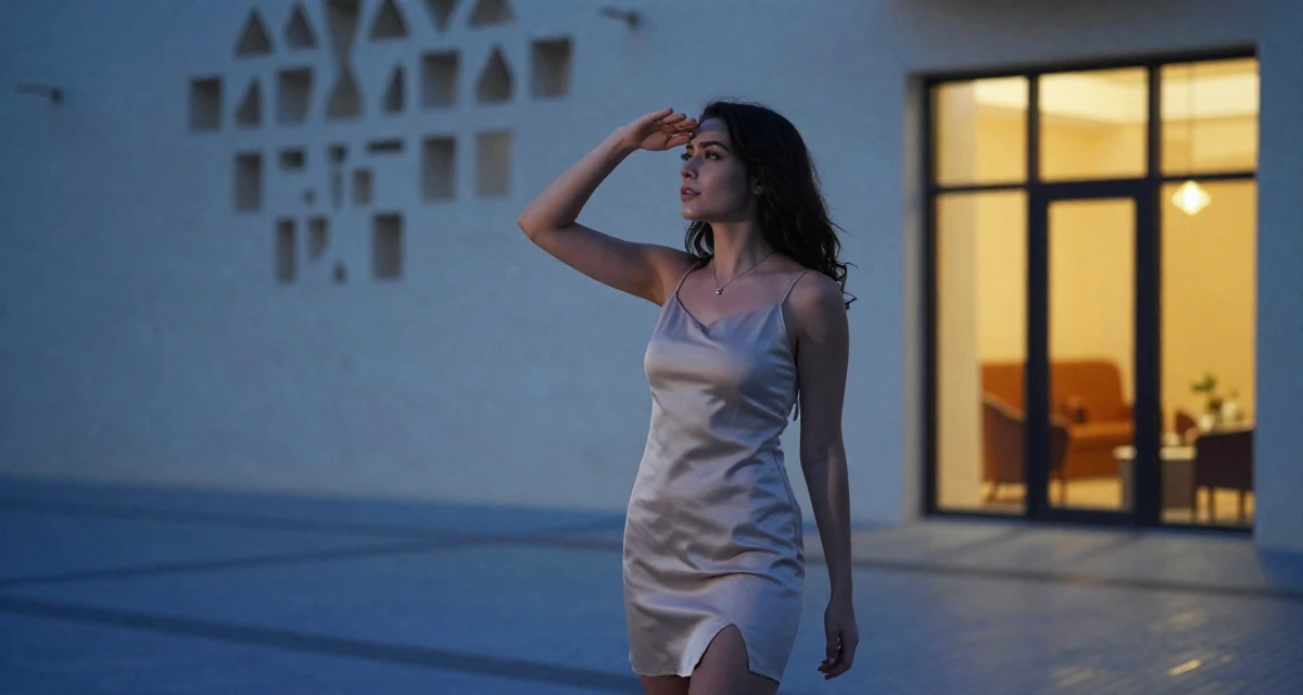 A thoughtful Female From Qatar, majored in media production and editing in their 21, constantly documenting life for an audience, wearing a short slip dress with a thigh-high slit, shading eyes from the sun in a pedestrian plaza.