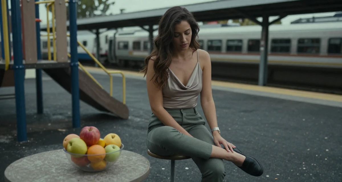 A unbothered Female From USA, studied screenwriting in Los Angeles in their 22, investing in outfits that complement sensual expression, wearing a draped neckline top and fitted slacks, looking down at shoes in a school playground.