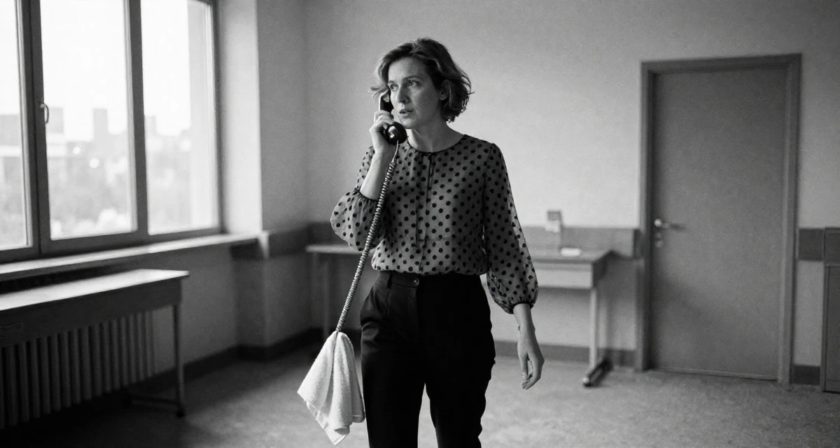 A longing Female From Sweden, based in Malmö, graduated from a media school majoring in expressive content aesthetics in their 45, sharing wisdom on navigating office politics, wearing a sheer polka dot blouse and black trousers, holding a gym towel in a abandoned hospital.