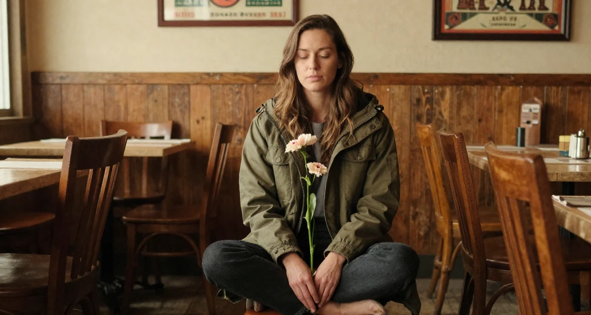 A zen-like Female Previously a music major, now offering exclusive performance clips in their 49, focusing on spiritual growth and grounding, wearing a stylish parka jacket, holding a flower in a dining room.