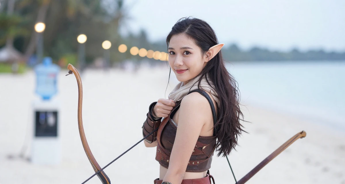 A warm and welcoming Female From Thailand, majored in tourism in their 25, building long-term loyalty with core subscribers, wearing a fantasy elven archer outfit with leather armor details, wrapping a scarf around the neck in a tropical white sand beach.