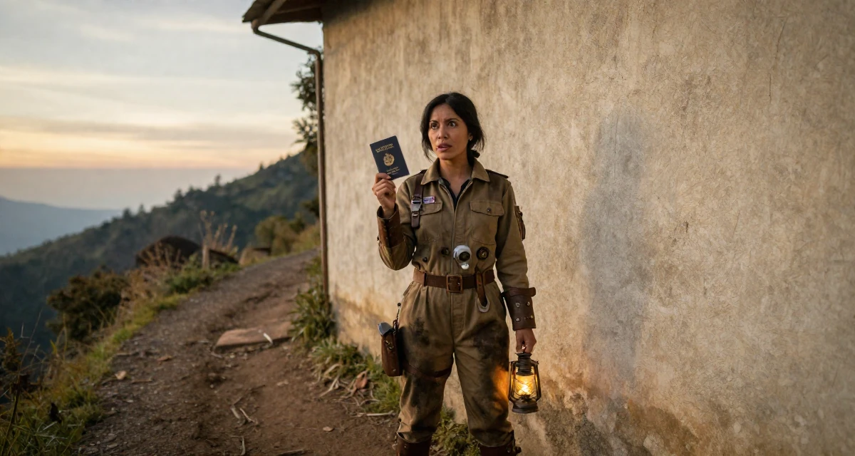 A fascinated Female From Jakarta Indonesia, majored in fashion merchandising in their 43, creating a supportive space for menopause, wearing a steampunk mechanic jumpsuit with grease stains, holding a passport in a mountain trail.