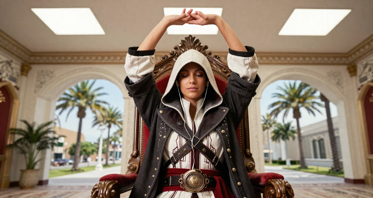 A tranquil Female From Canada, majored in anthropology in their 24, glowing with the confidence of experience, wearing a assassin creed style hooded robe and tunic, listening to music with headphones in a royal palace throne room.