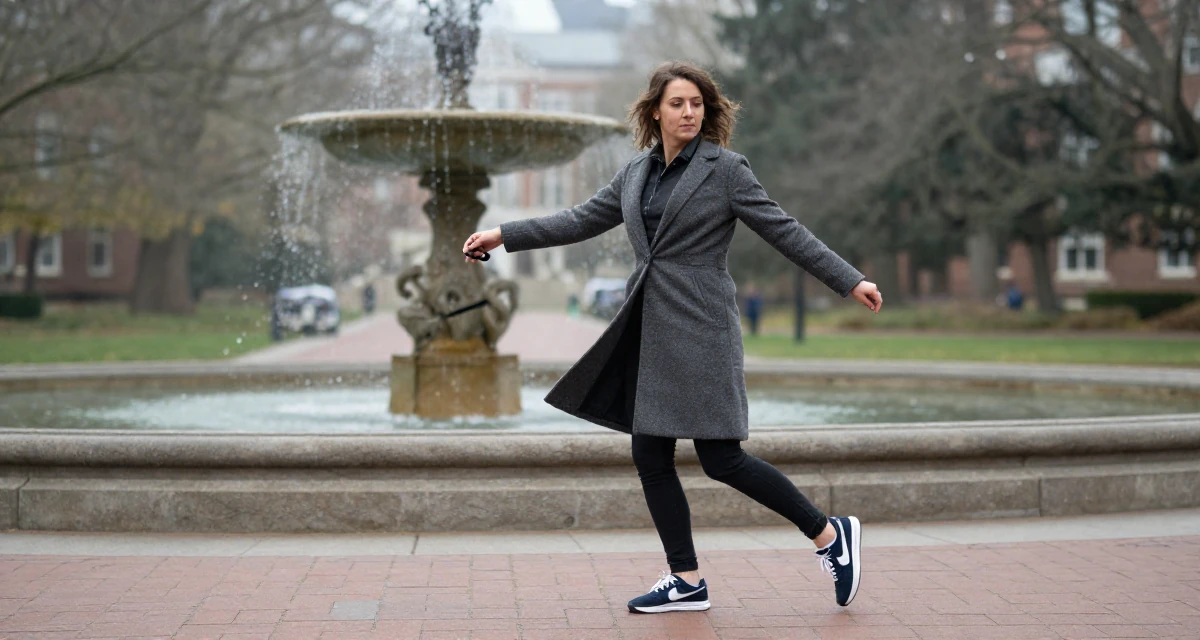 A contemplative Female Once a junior marketing intern, now a full-time creator in their 38, focused on longevity and holistic wellness, wearing a tailored coat with casual sneakers, holding a leash in a university campus.