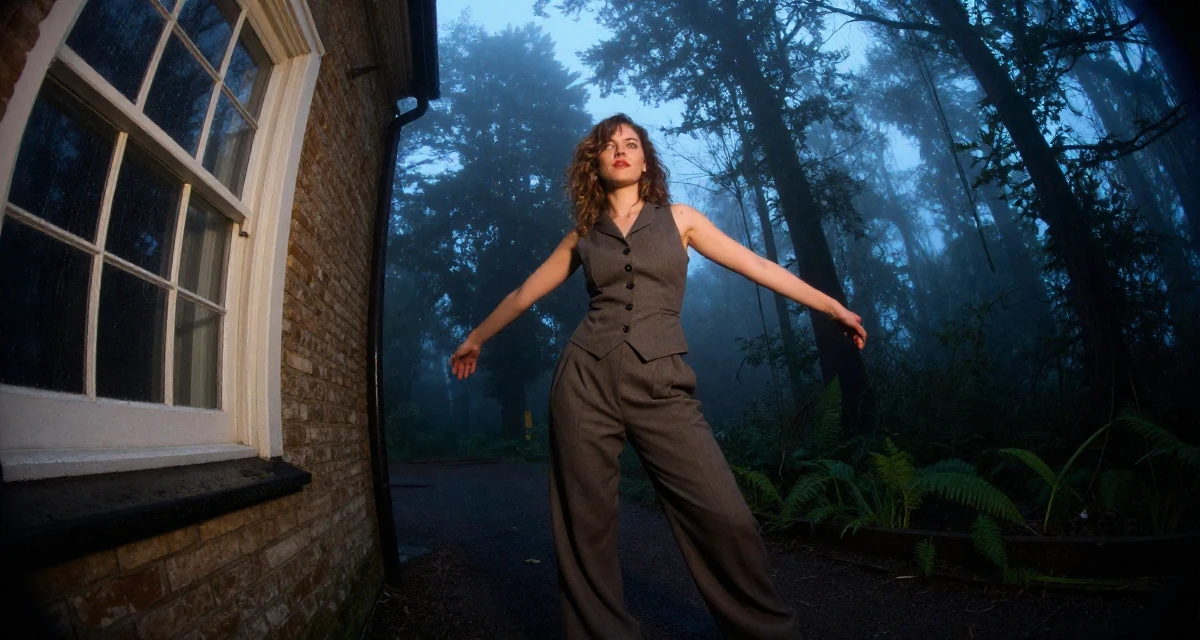 A reflective Female From UK, studied anthropology in their 24, building a flirty persona fans instantly recognize, wearing a fitted waist coat and wide leg trousers, stretching arms after waking in a dense misty forest.