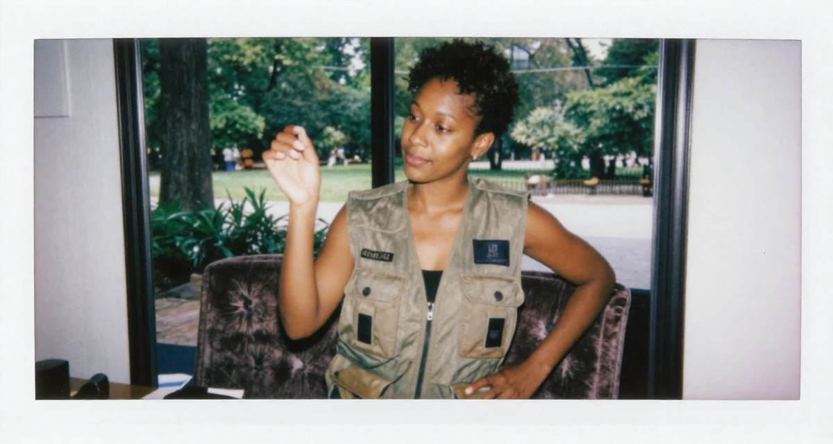 A charming Female From Trinidad & Tobago, studied performing arts in their 44, building a legacy for the next generation, wearing a urban explorer utility vest look, picking something up in a vanity mirror.