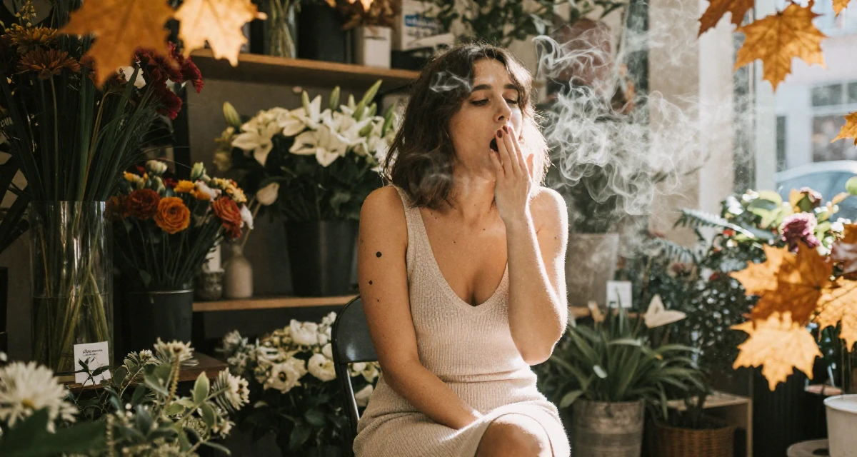 A charming Female From Berlin Germany, explored body art and alternative fashion scenes in their 25, deciding to start a business or bold project, wearing a soft knit dress with a plunging neckline, yawning discreetly in a flower shop.