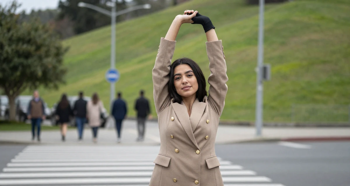 A radiant Female Born in Colombia, majored in media innovation in their 22, mastering the art of subtle teasing through framing, wearing a double-breasted blazer dress with gold buttons, putting on a glove in a busy crosswalk.