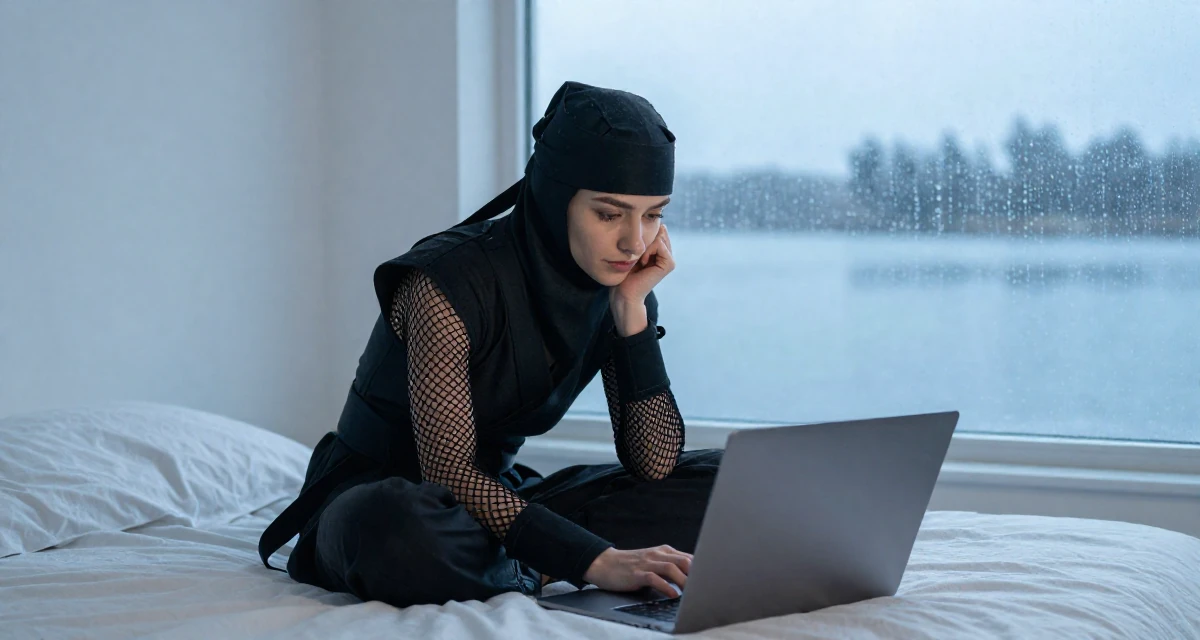 A spirited Female Born in Russia, graduated from a local college majoring in marketing in their 22, navigating competitive academic environments, wearing a ninja kunoichi outfit with fishnet details, typing on a laptop in a minimalist bedroom.