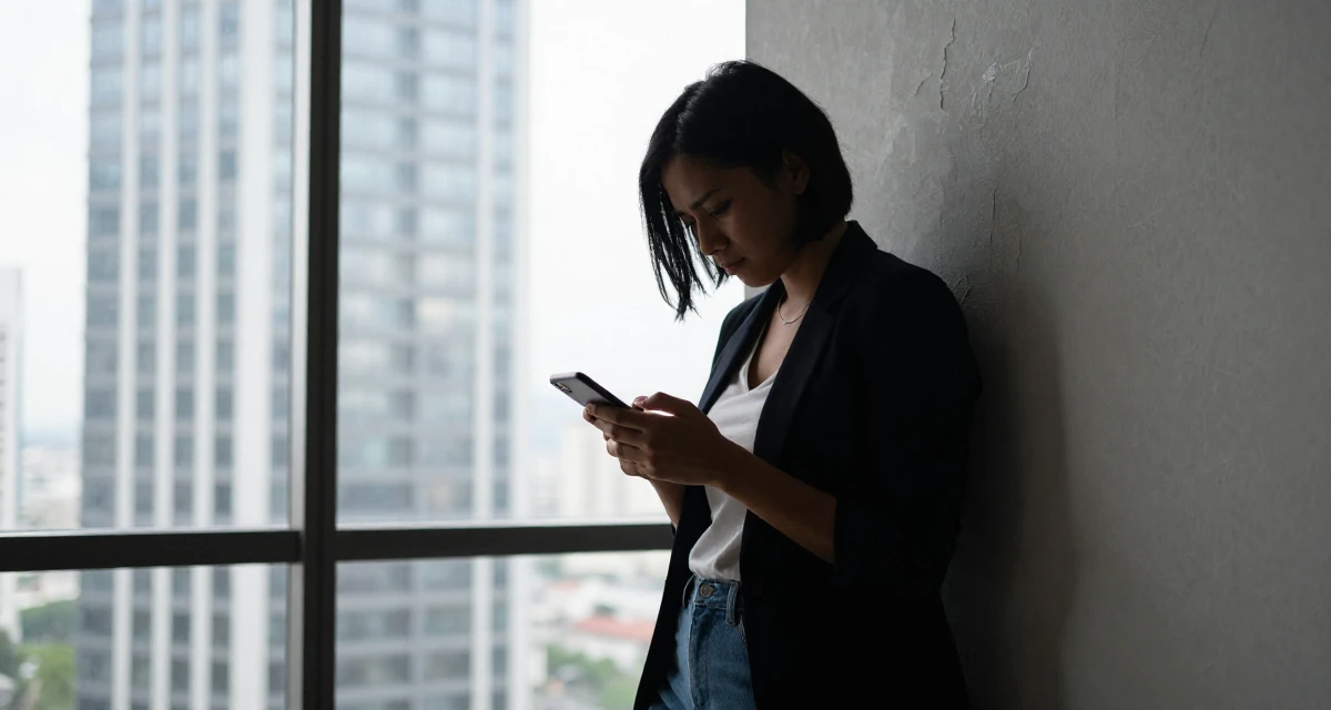 A resilient Female From Cebu Philippines, majored in nursing in their 28, dealing with fatigue from years of online performance, wearing a business casual outfit with jeans and a blazer, unlocking a phone screen in a modern skyscraper lobby.