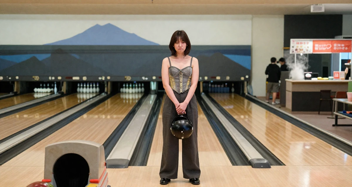 A harmonious Female From Japan, studied nutrition and food science in their 23, masking anxiety behind playful posts, wearing a corset-style top and wide-leg trousers, holding a helmet under one arm in a bowling alley.