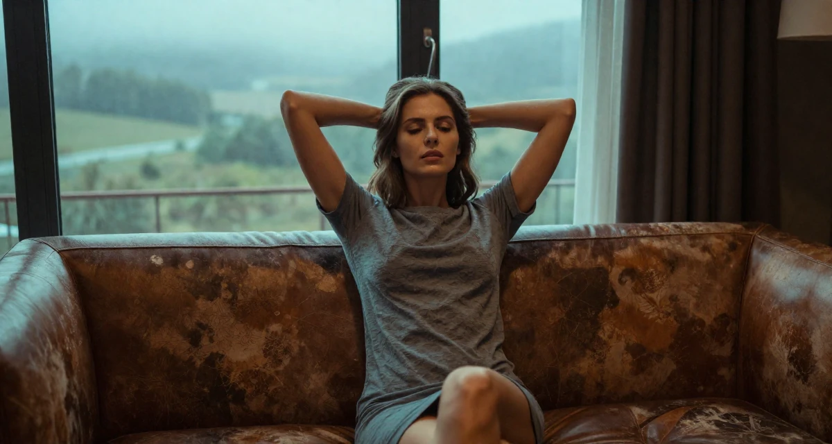 A mysterious Female From Belgium, based in Antwerp, graduated from a fashion school majoring in intimate costume styling in their 24, planning seasonal or holiday-themed drops, wearing a t-shirt dress with the sleeves rolled up, stretching arms after waking in a hotel lobby.