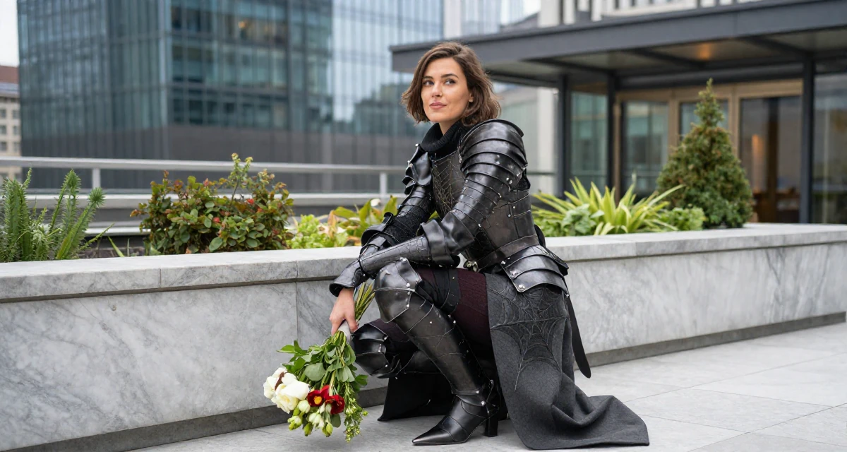 A lighthearted Female From Geneva Switzerland, studied elegance-based visual storytelling in their 25, wearing a tailored coat and looking sharp, wearing a dark elf leather armor with spiderweb motifs, holding a bouquet in a rooftop garden.