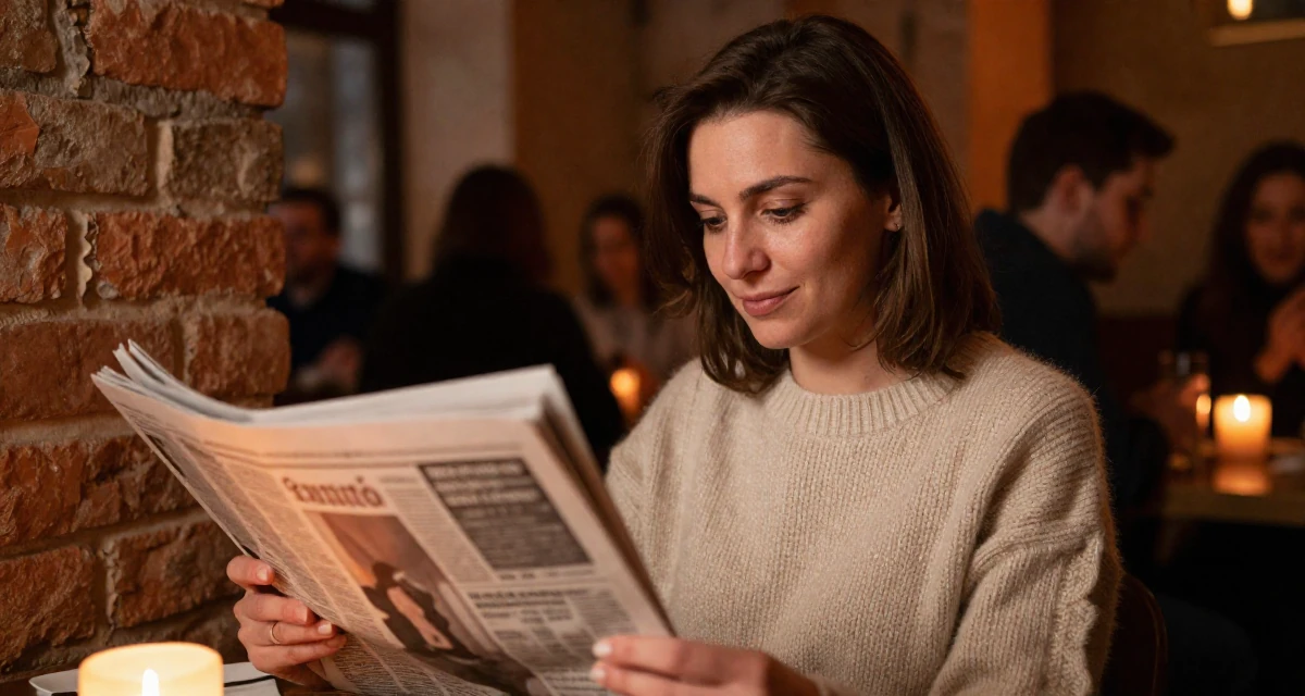 A gentle and kind Female From Romania, based in Timișoara, graduated from a creative program majoring in evocative content production in their 49, celebrating a life of resilience and grit, wearing a soft cashmere sweater worn with nothing visible underneath, holding a newspaper in a cozy café.