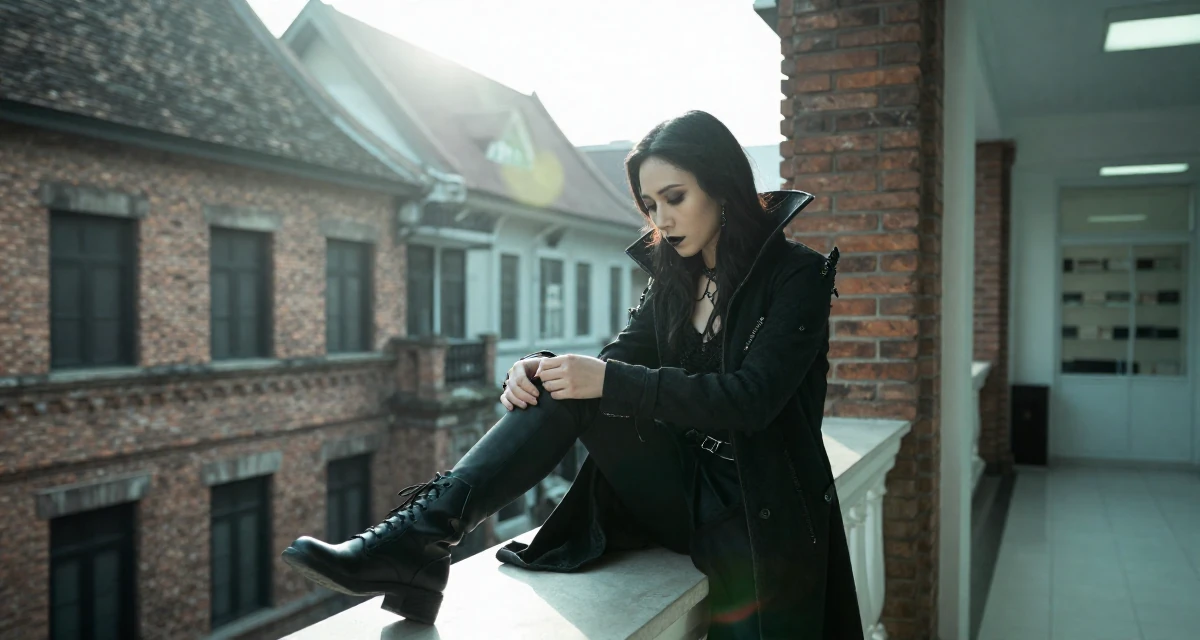 A sentimental Female From Chiang Mai Thailand, studied alternative wellness and body flow in their 24, prioritizing mental health over the grind, wearing a gothic vampire hunter outfit with a long coat, adjusting sleeves in a opera house balcony.