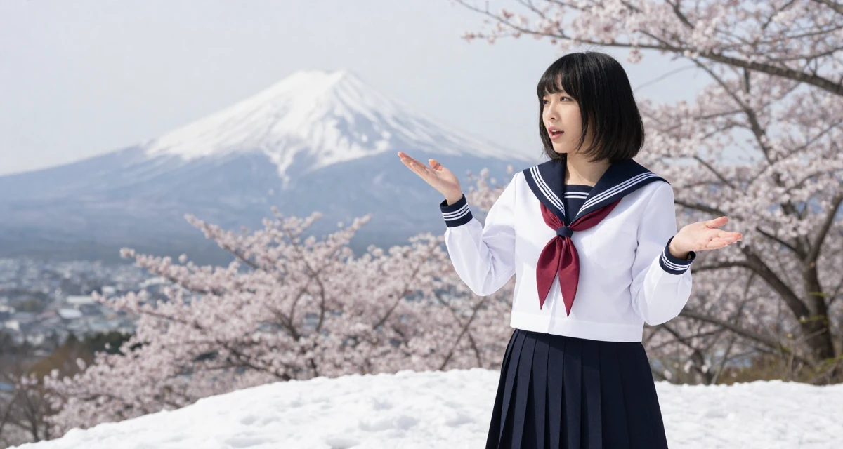 A bewitching Female From Kyoto Japan, practiced artistic nude photography as self-expression in their 25, feeling empowered posting subtly provocative looks, wearing a Japanese school sailor uniform (seifuku) with a pleated skirt, gesturing while talking in a snowy mountain peak.