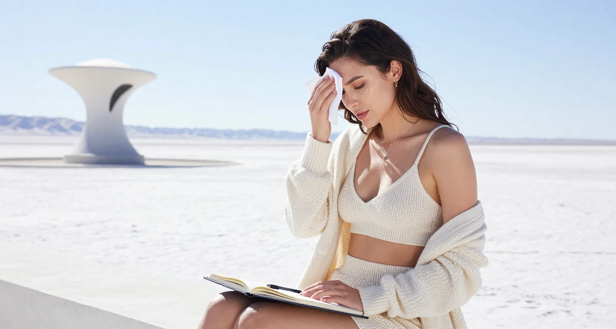 A unbothered Female From Romania, studied computer science in their 24, curating a specific high-end lifestyle, wearing a knitted bralette and a matching cardigan with shorts, wiping sweat from the brow in a desert landscape.