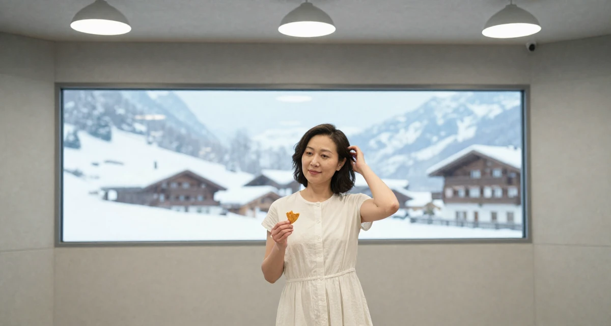 A satisfied Female From Shanghai China, grew up studying dance and digital arts in their 33, navigating the complexity of senior leadership, wearing a airy cotton dress for summer, holding a snack in a recording booth.