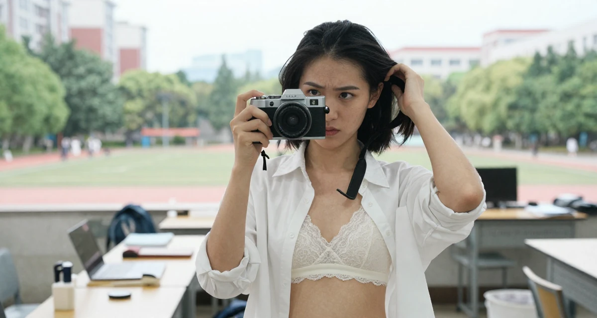 A intense and captivating Female From Chinese-speaking regions, majored in human resource development in their 26, dealing with younger competition while finding identity, wearing a white button-down shirt worn open over a lace bra, holding a camera ready to shoot in a university campus.