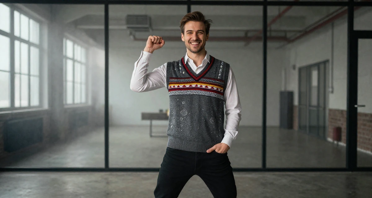 A triumphant male Raised in Sweden, studied creative technology in their 35, balancing a PhD study with content creation, wearing a preppy sweater vest combo, sliding a hand into a pocket in a industrial loft.