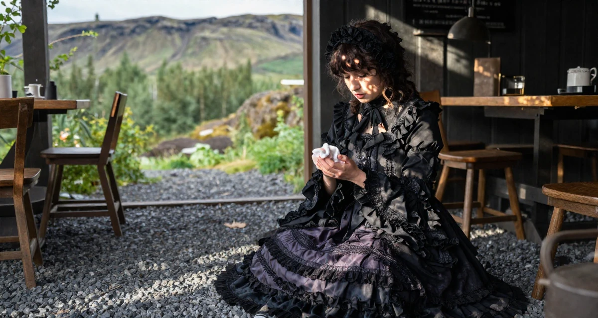 A deeply absorbed Female From Iceland, majored in renewable energy studies in their 39, creating a cozy and safe sanctuary at home, wearing a elaborate gothic lolita dress with frills and lace, wiping hands in a cozy café.