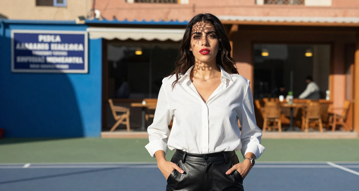 A spirited Female From Morocco, based in Casablanca, graduated from a cultural college majoring in expressive movement studies in their 30, planning adult responsibilities with unstable cash flow, wearing a black leather trousers and a crisp white blouse, putting hands in pockets in a tennis court.