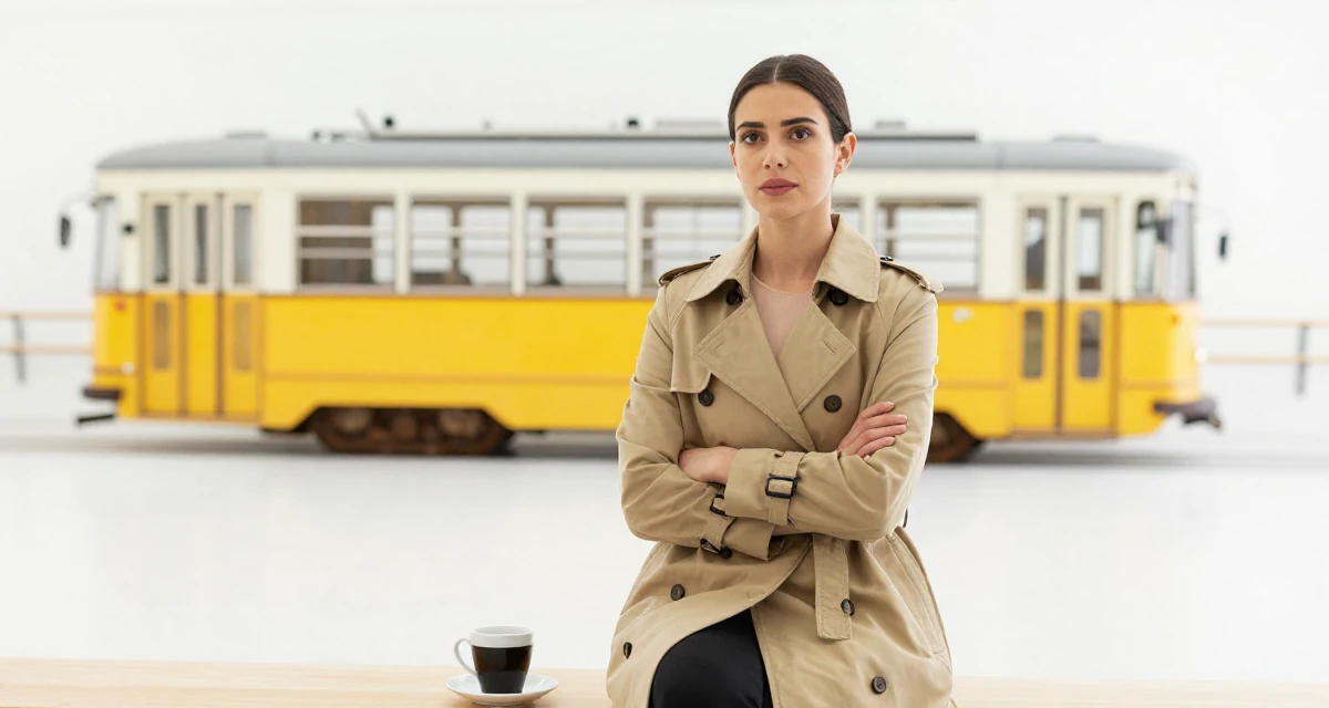 A dignified Female From Canada, has a diploma in graphic design in their 20, chasing creative dreams despite parental skepticism, wearing a long trench coat belted tightly at the waist, crossing arms confidently in a ballet studio.