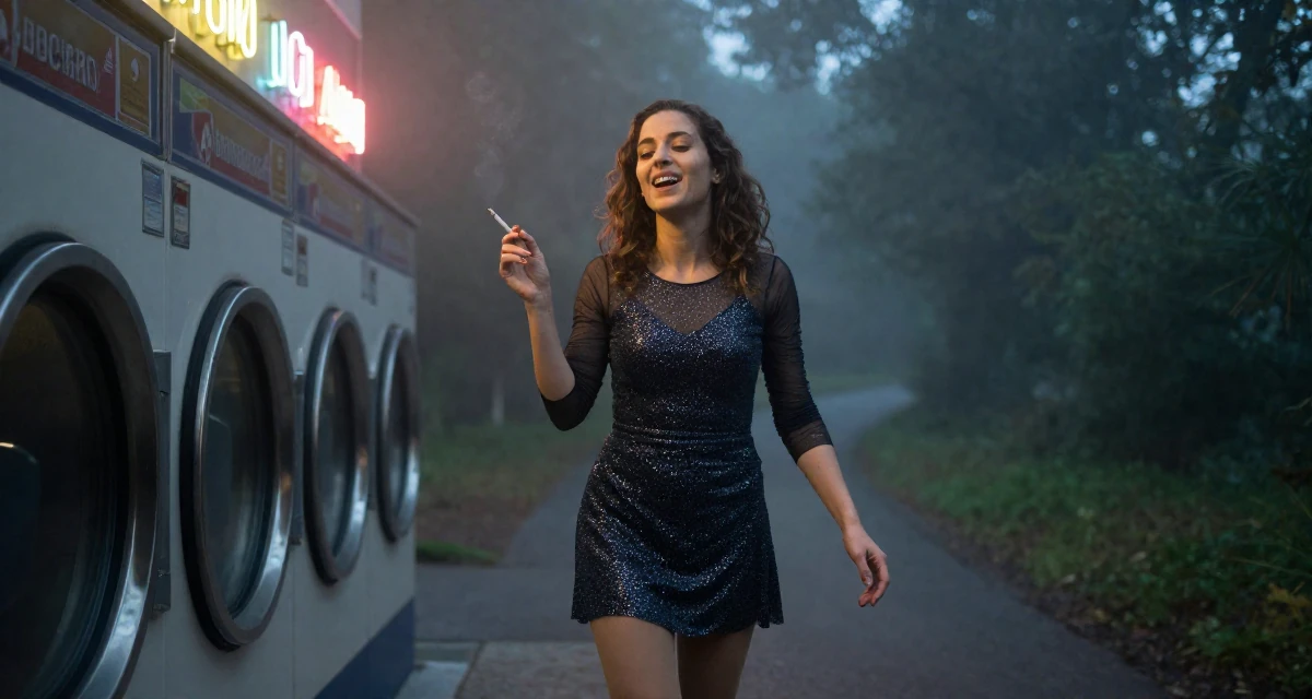 A ecstatic Female From Italy, majored in law in their 38, focused on longevity and holistic wellness, wearing a ice skater sparkly dress with sheer sleeves, holding a cigarette (lit or unlit) in a laundromat.