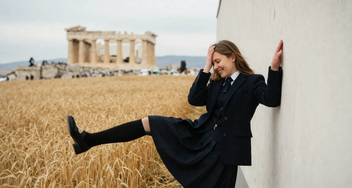 A joyful Female From Moscow Russia, trained in rhythmic gymnastics and body control in their 20, feeling overwhelmed by academic pressure and expectations, wearing a dark academia inspired outfit, dangling a shoe from one foot in a golden wheat field.