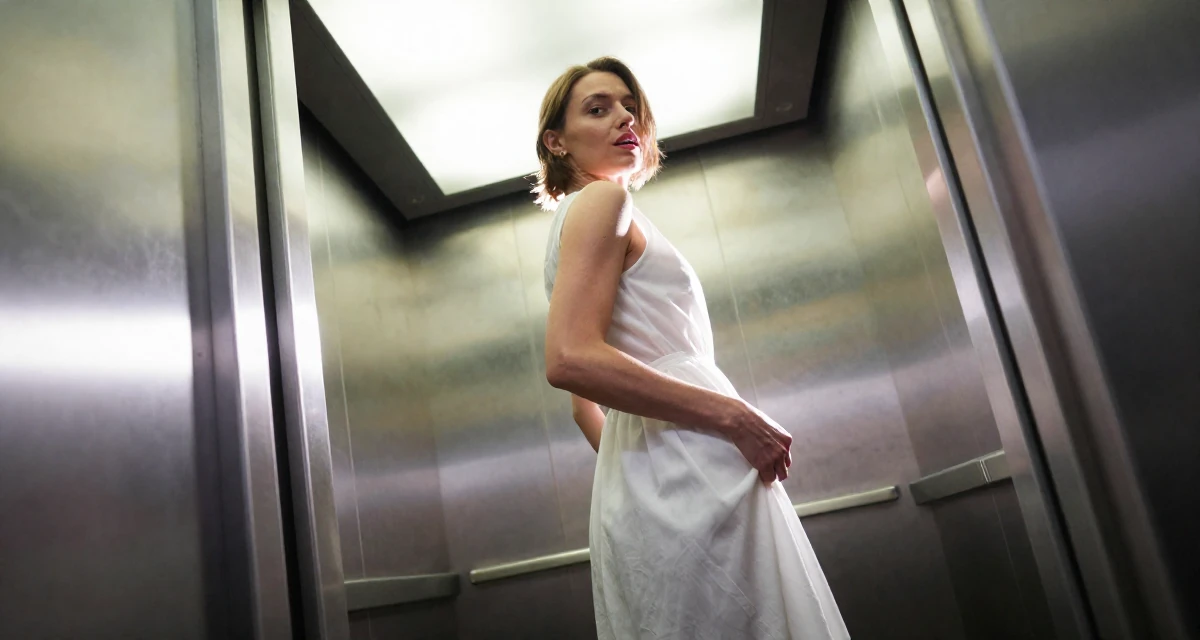 A spirited Female From Russia, studied mathematics and cybernetics in their 40, redefining style for the modern professional, wearing a semi-sheer white sundress backlit by the sun, smoothing down a dress in a corporate elevator.
