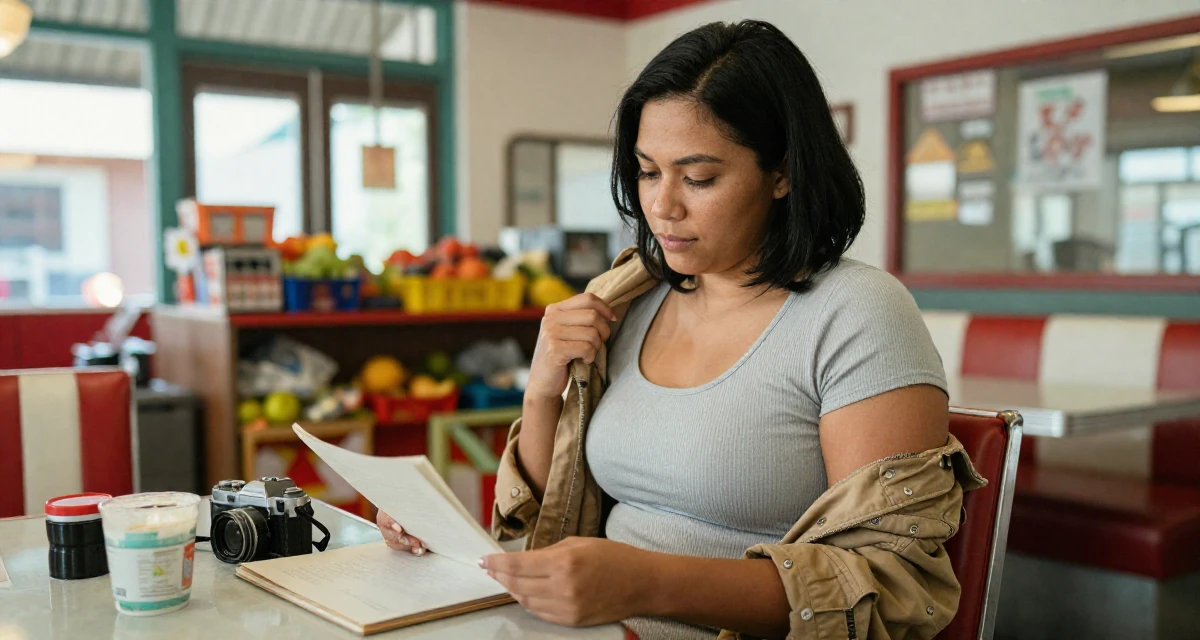 A nostalgic Female From Philippines, studied nursing before switching careers in their 36, sharing tips for organizing a chaotic home, wearing a ribbed lounge set that hugs the curves, turning a page in a retro 50s diner.